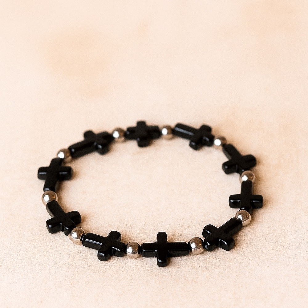 Black Cross Bracelet with Silver Beads